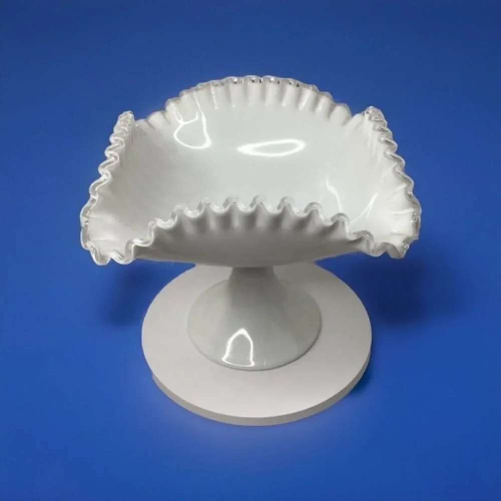 Fenton large square Silver crest white milk glass ruffled footed pedestal bowl - Picture 1 of 5